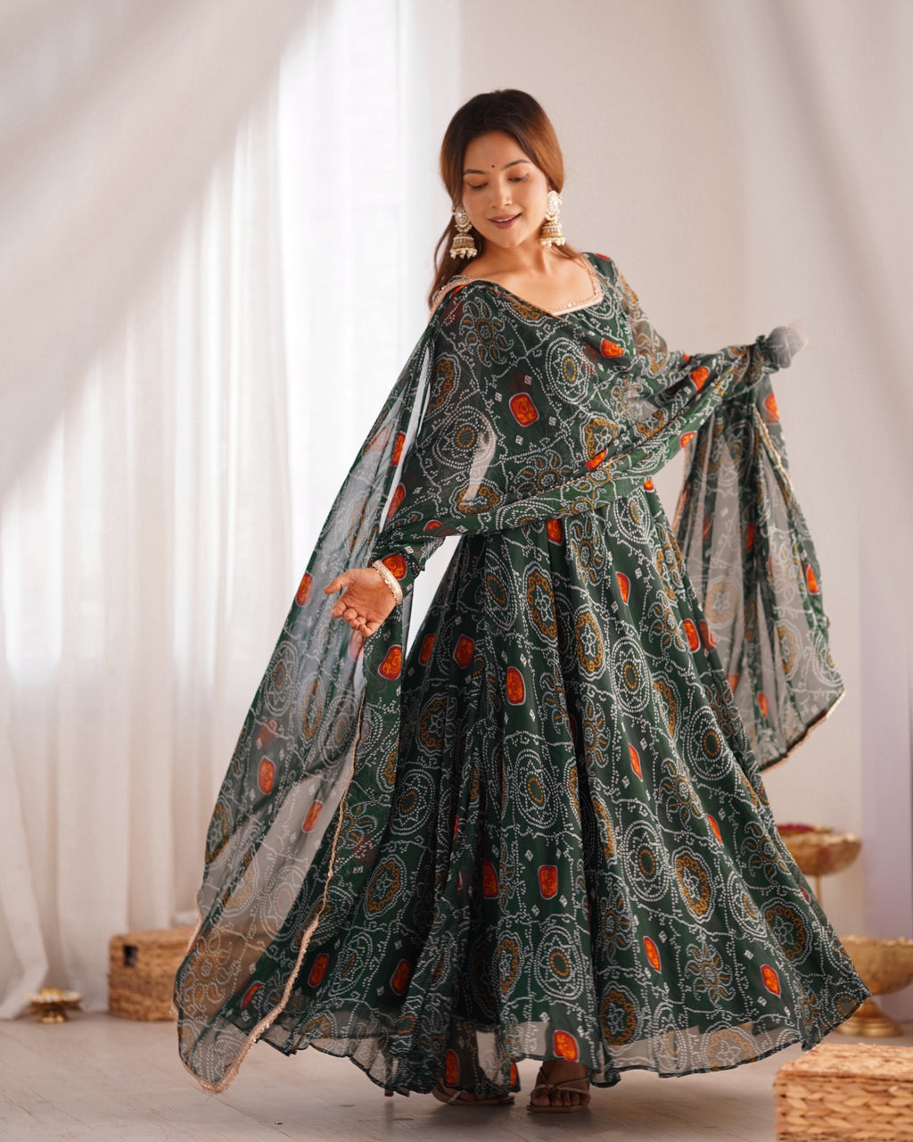 Green Pure Soft Chiffon Gown With Pent and Dupatta With Bandhej Print