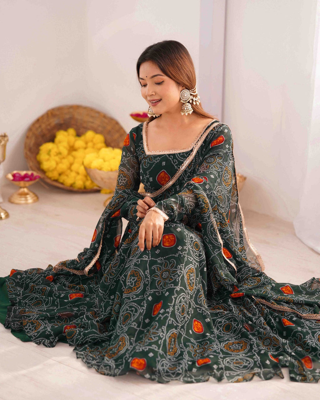 Green Pure Soft Chiffon Gown With Pent and Dupatta With Bandhej Print