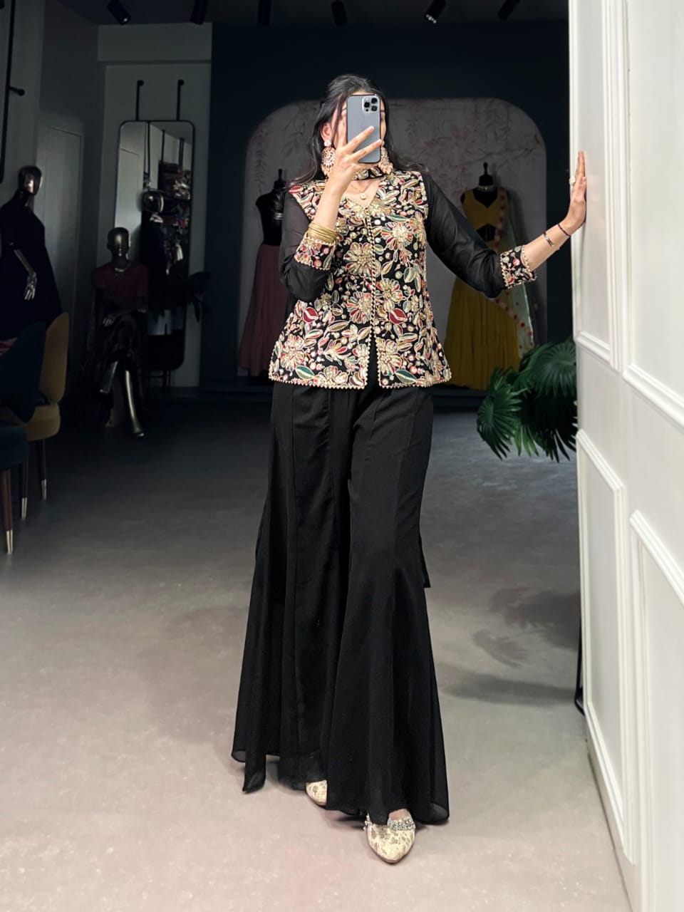 Black Organza Silk Suit Set with Palazzo - Na Dhukan - Pure D - ANIBEY