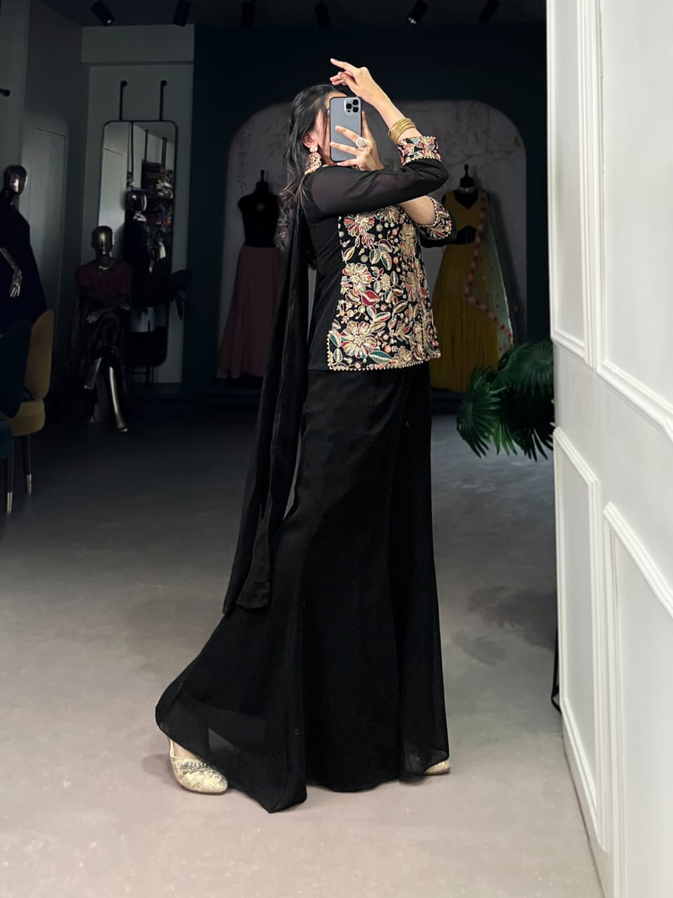 Black Organza Silk Suit Set with Palazzo - Na Dhukan - Pure D - ANIBEY