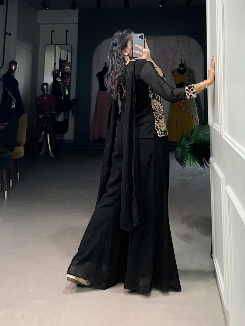 Black Organza Silk Suit Set with Palazzo - Na Dhukan - Pure D - ANIBEY