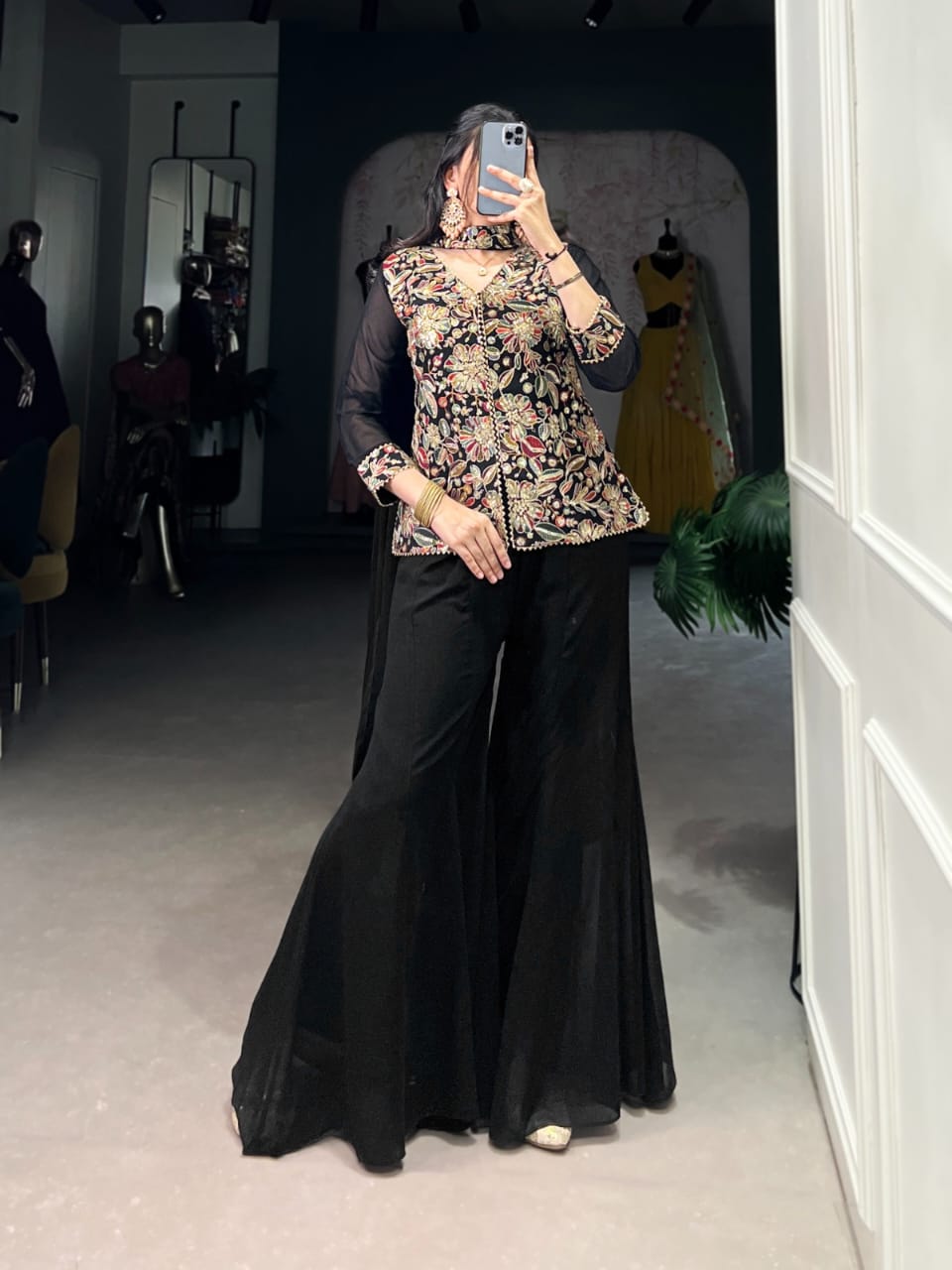 Black Organza Silk Suit Set with Palazzo - Na Dhukan - Pure D - ANIBEY