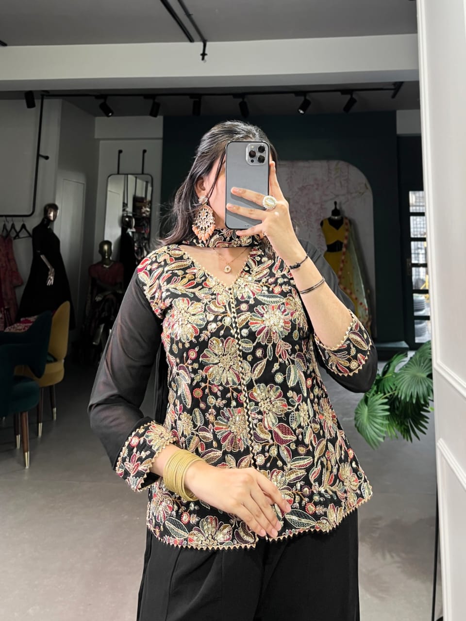 Black Organza Silk Suit Set with Palazzo - Na Dhukan - Pure D - ANIBEY