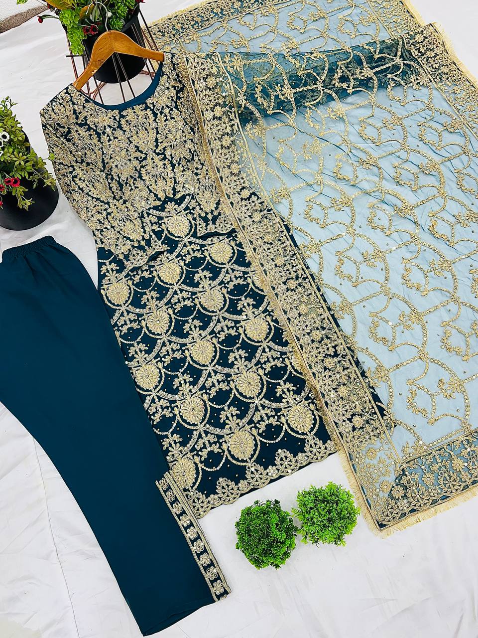 Royal Navy Blue Color Faux Georgette With Embroidery - ANIBEY