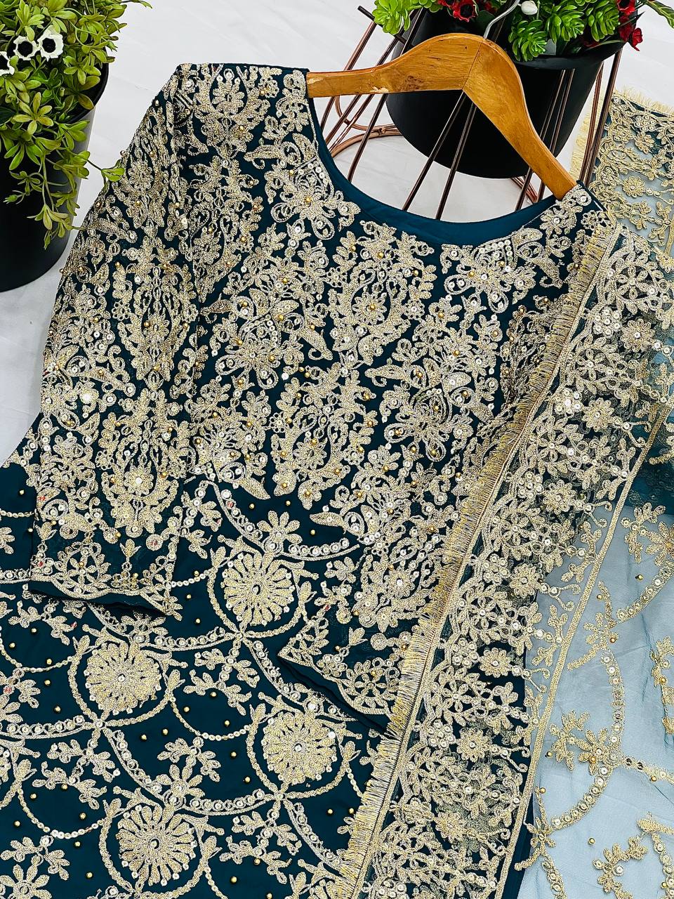 Royal Navy Blue Color Faux Georgette With Embroidery - ANIBEY