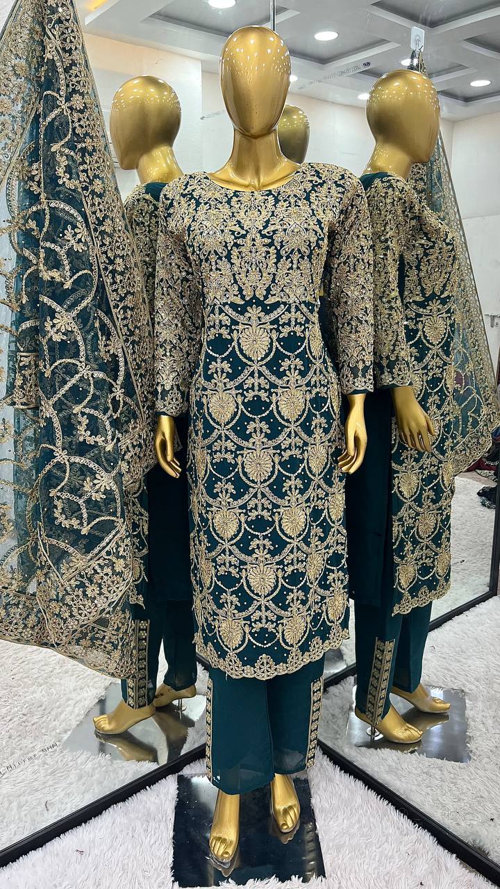 Royal Navy Blue Color Faux Georgette With Embroidery - ANIBEY