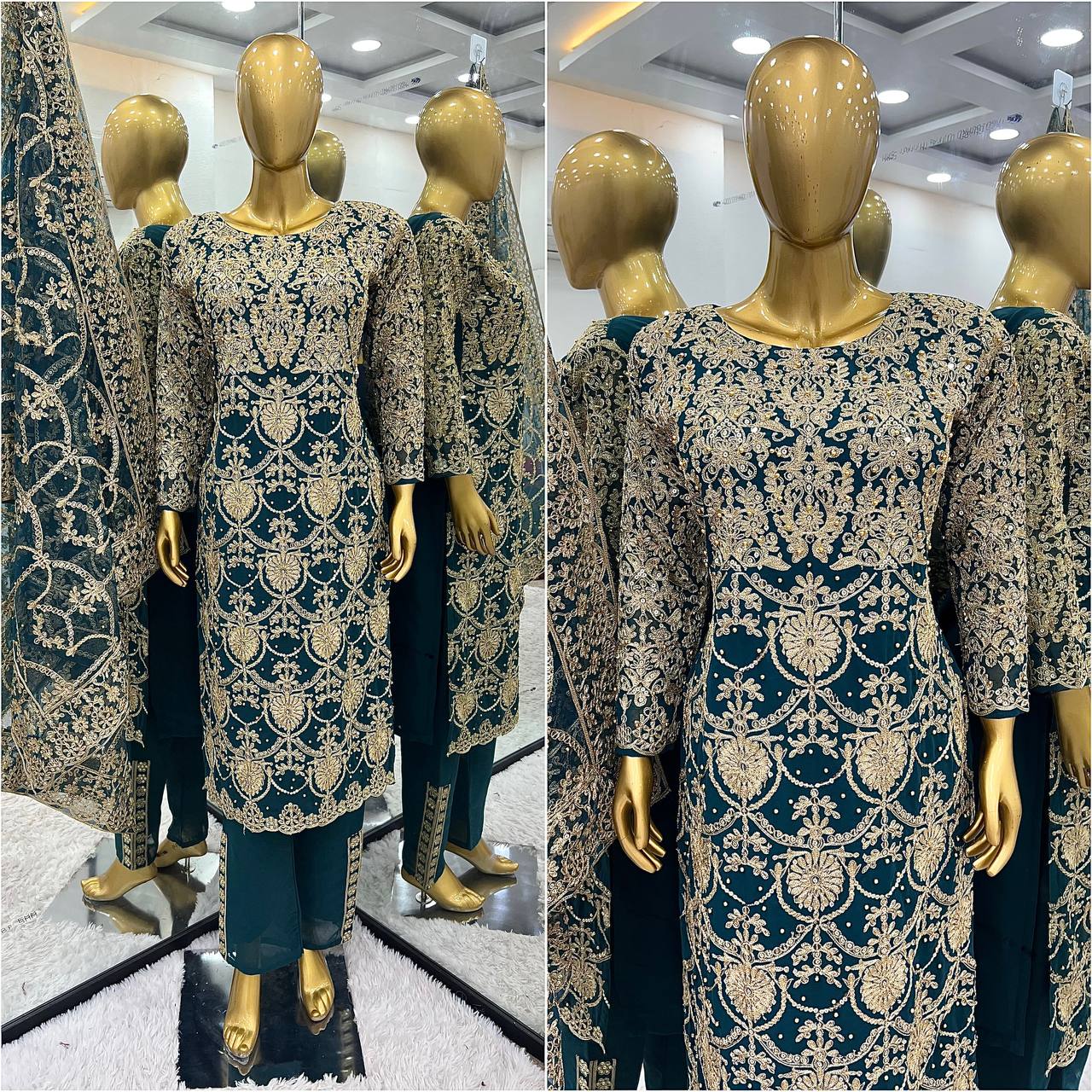 Royal Navy Blue Color Faux Georgette With Embroidery - ANIBEY