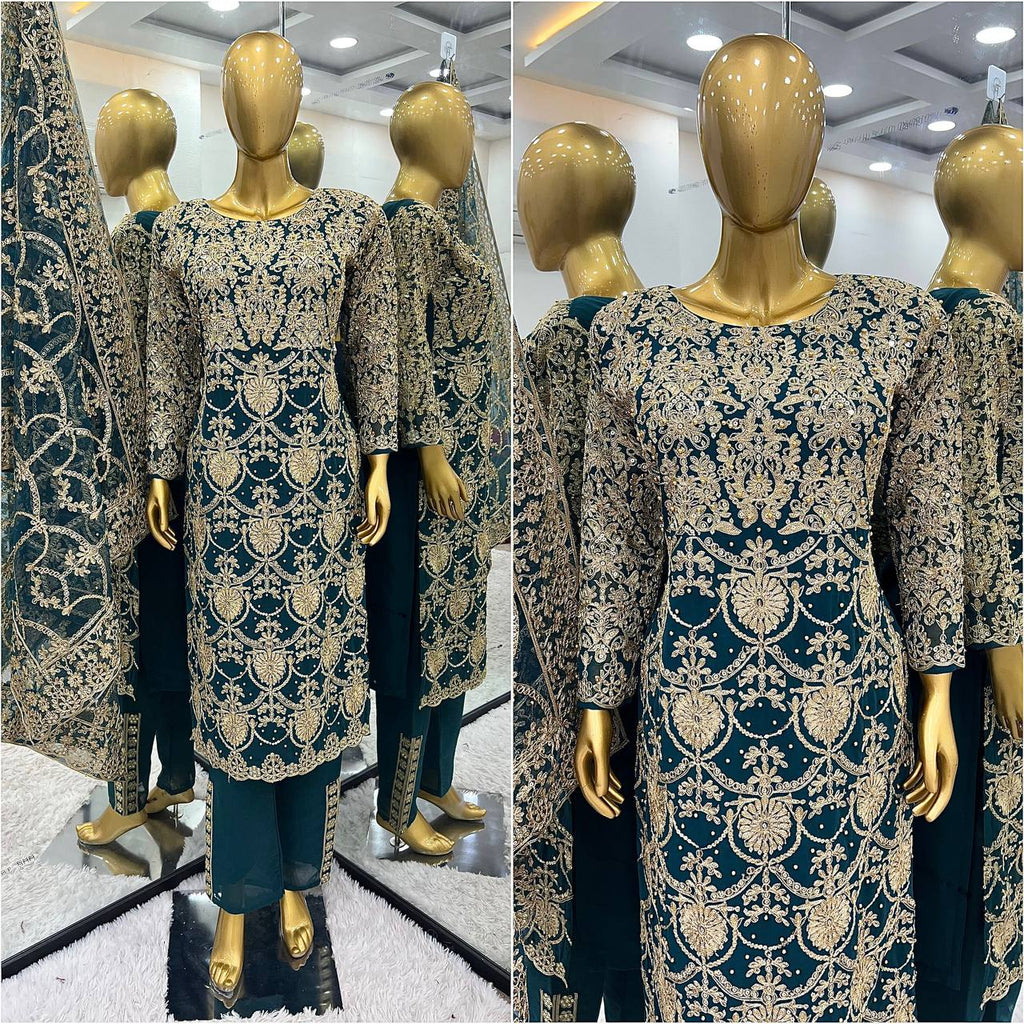 Royal Navy Blue Color Faux Georgette With Embroidery - ANIBEY