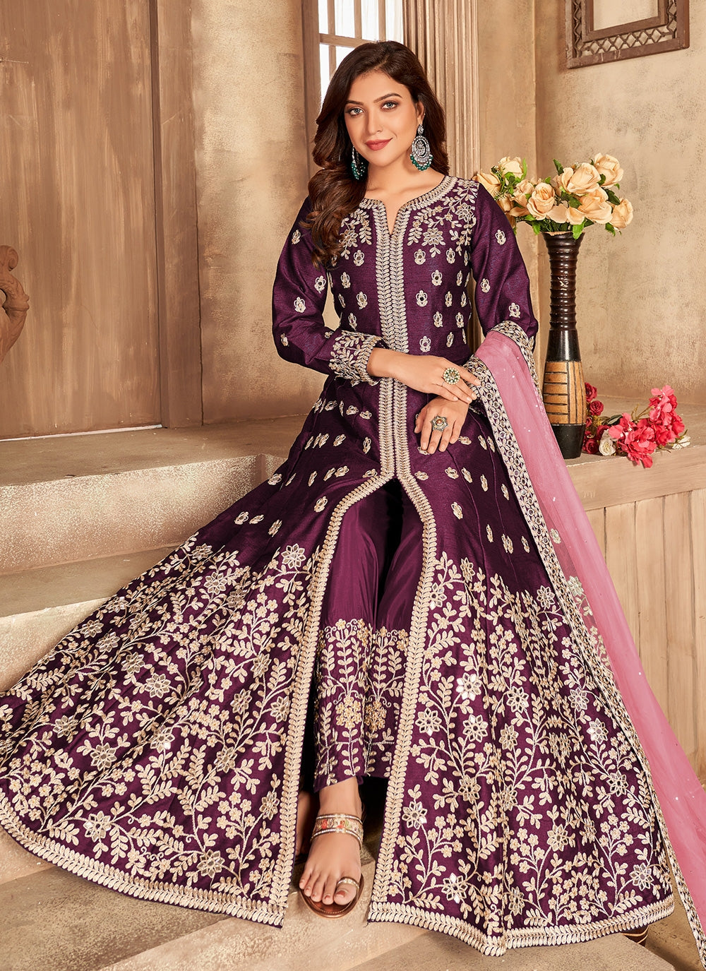 Embroidered Pure Art Silk Anarkali Kurta Set