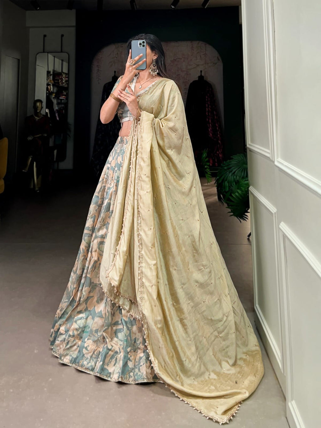 Shibori Printed Dola Silk South Indian Voni Lehenga - Bella