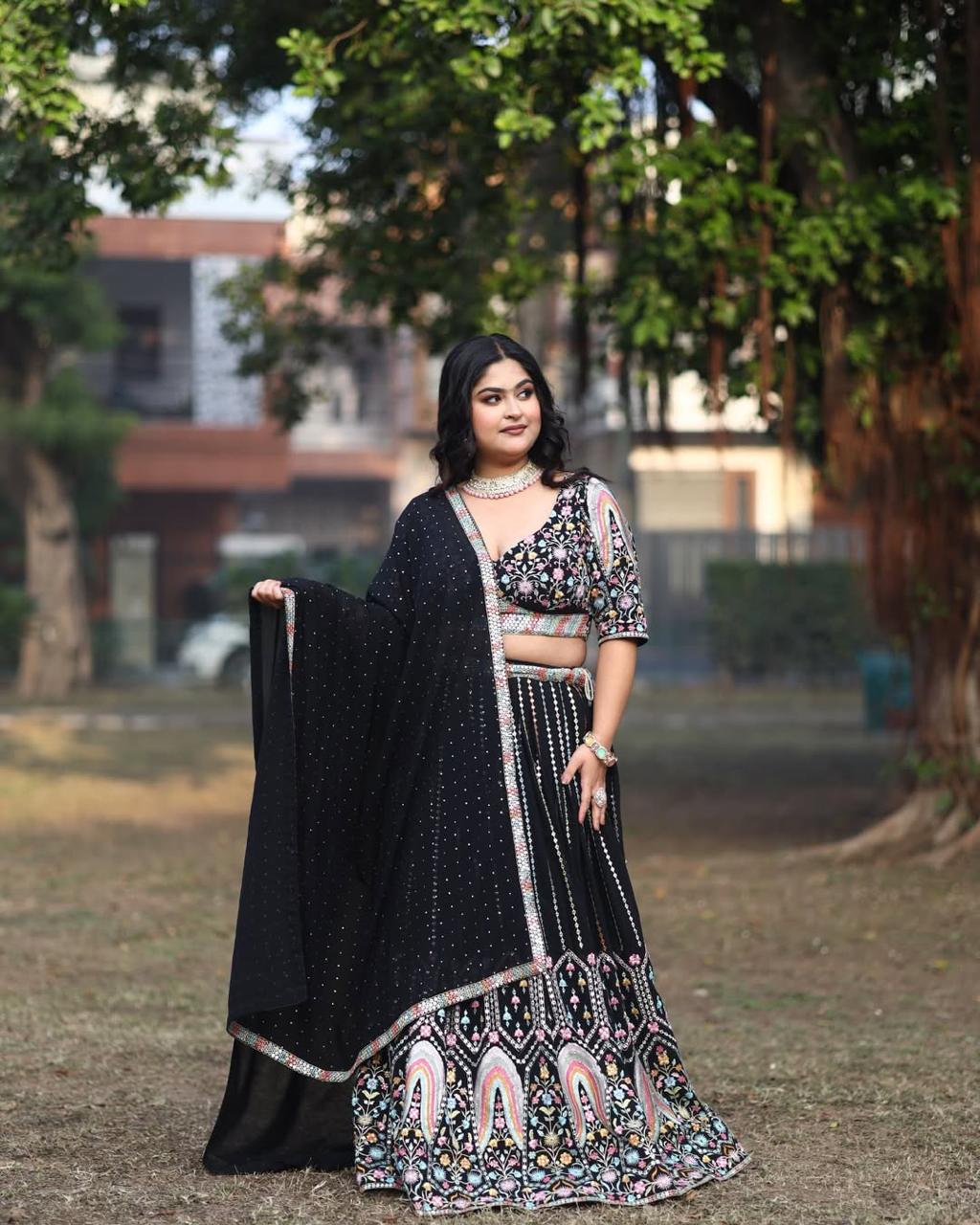 Elegant Black Lehenga Choli Set | Festival Wear Heavy Embroidery Sequin Work Lehenga Choli With Dupatta Set - ANIBEY