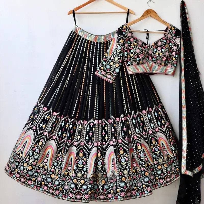 Elegant Black Lehenga Choli Set | Festival Wear Heavy Embroidery Sequin Work Lehenga Choli With Dupatta Set - ANIBEY