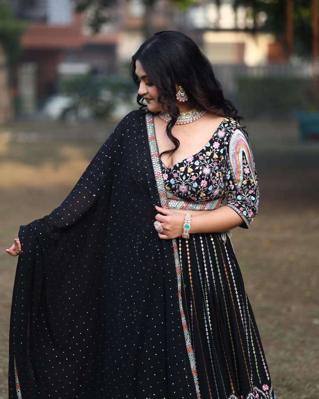Elegant Black Lehenga Choli Set | Festival Wear Heavy Embroidery Sequin Work Lehenga Choli With Dupatta Set - ANIBEY