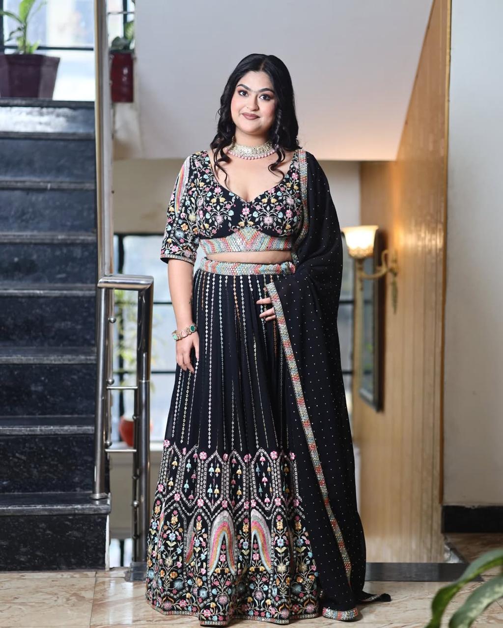 Elegant Black Lehenga Choli Set | Festival Wear Heavy Embroidery Sequin Work Lehenga Choli With Dupatta Set - ANIBEY
