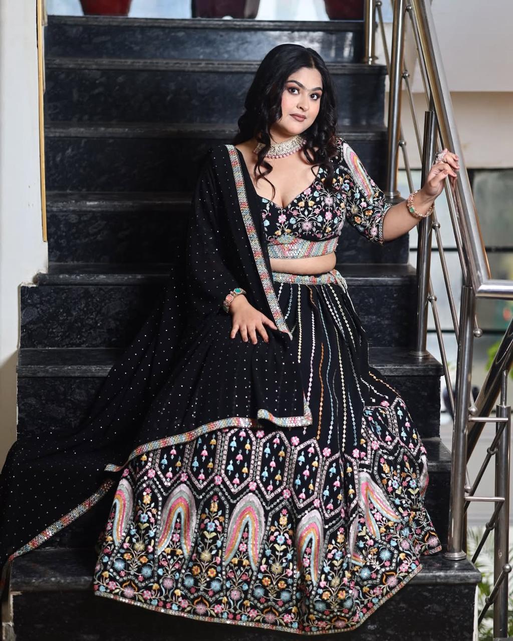 Elegant Black Lehenga Choli Set | Festival Wear Heavy Embroidery Sequin Work Lehenga Choli With Dupatta Set - ANIBEY
