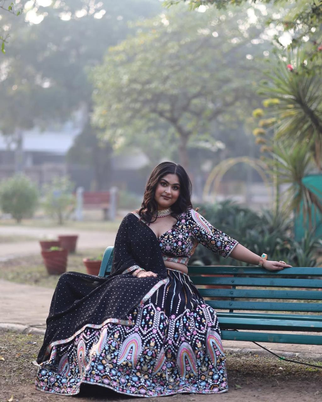 Elegant Black Lehenga Choli Set | Festival Wear Heavy Embroidery Sequin Work Lehenga Choli With Dupatta Set - ANIBEY