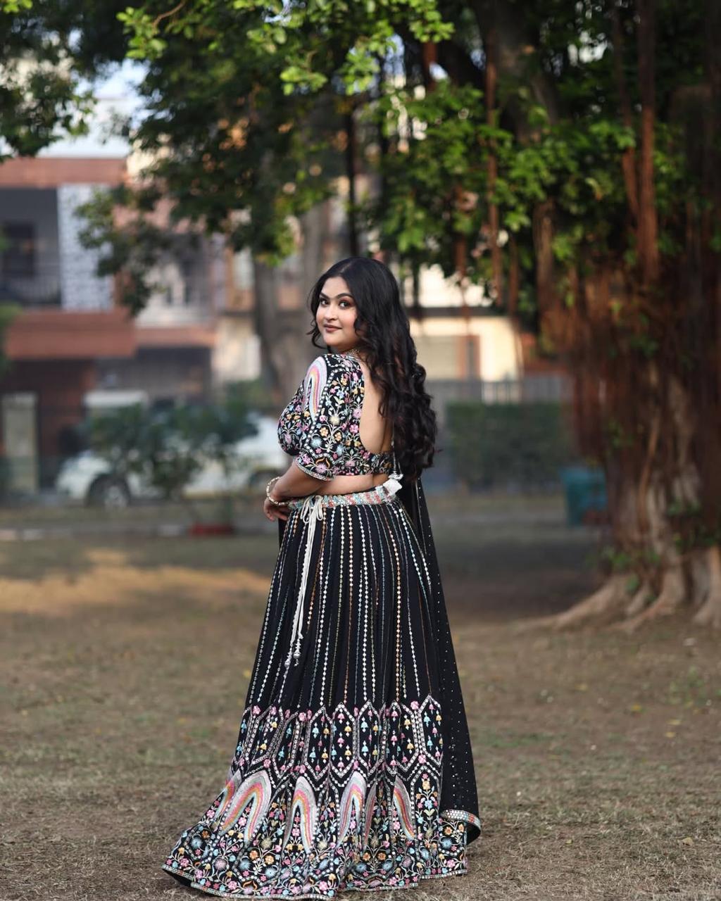 Elegant Black Lehenga Choli Set | Festival Wear Heavy Embroidery Sequin Work Lehenga Choli With Dupatta Set - ANIBEY