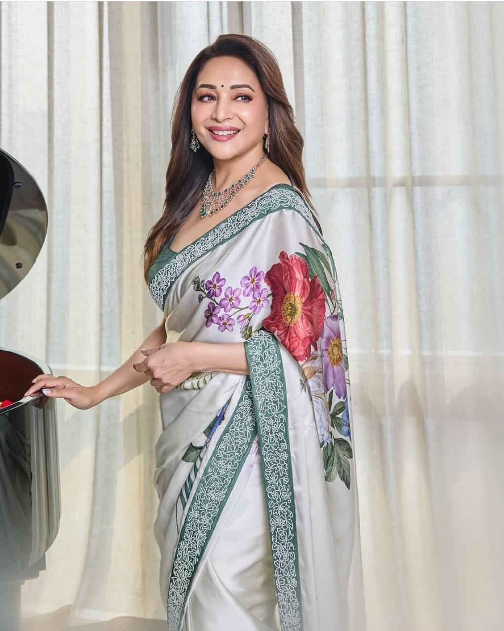 Madhuri Dixit Saree in Japan Satin With Digital Print and - ANIBEY