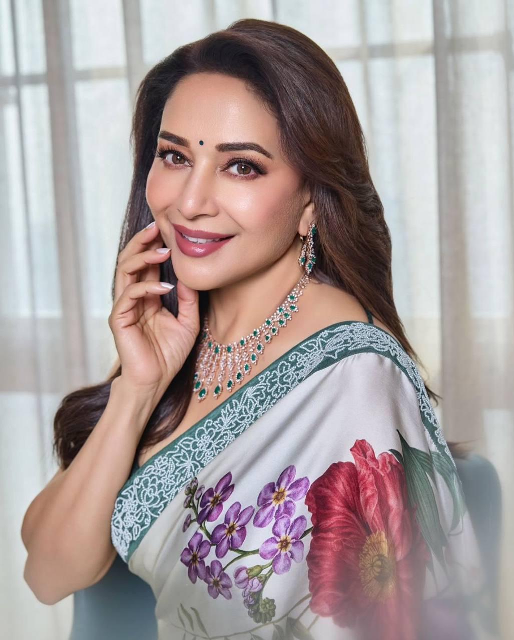 Madhuri Dixit Saree in Japan Satin With Digital Print and - ANIBEY