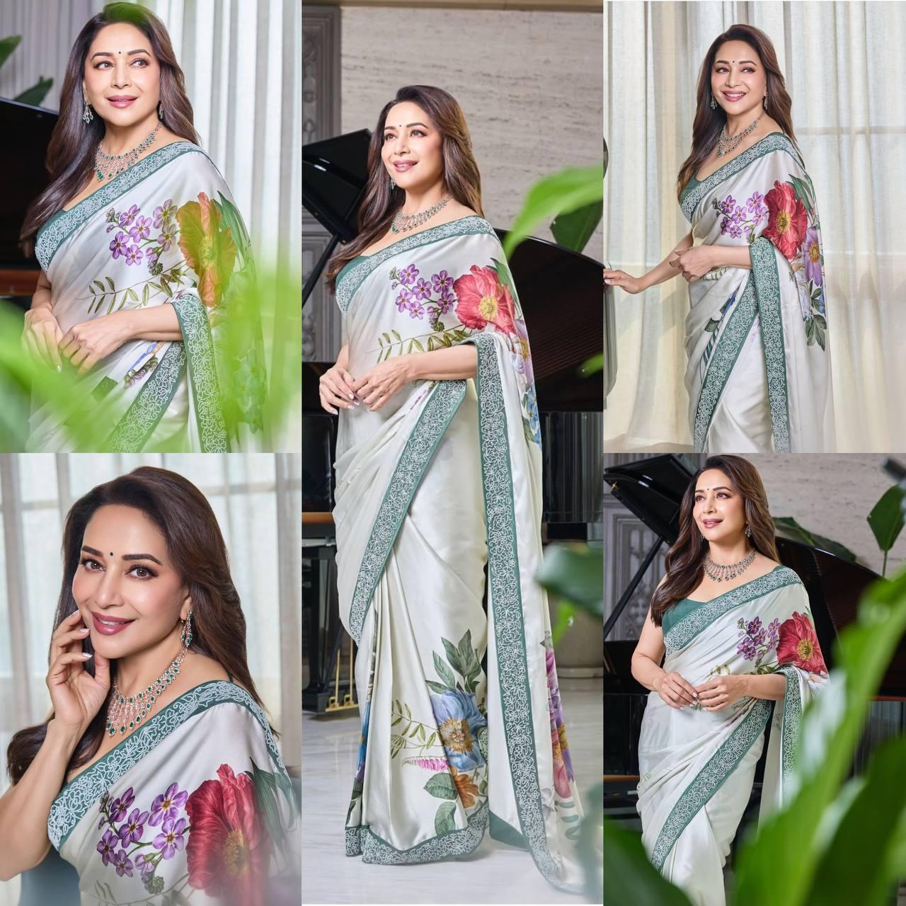 Madhuri Dixit Saree in Japan Satin With Digital Print and - ANIBEY