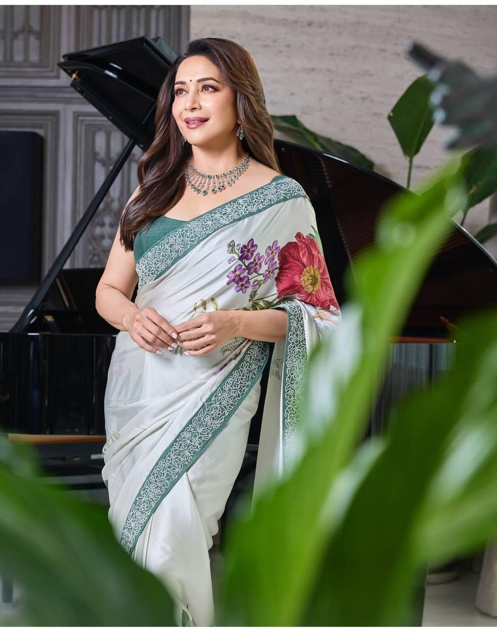 Madhuri Dixit Saree in Japan Satin With Digital Print and - ANIBEY
