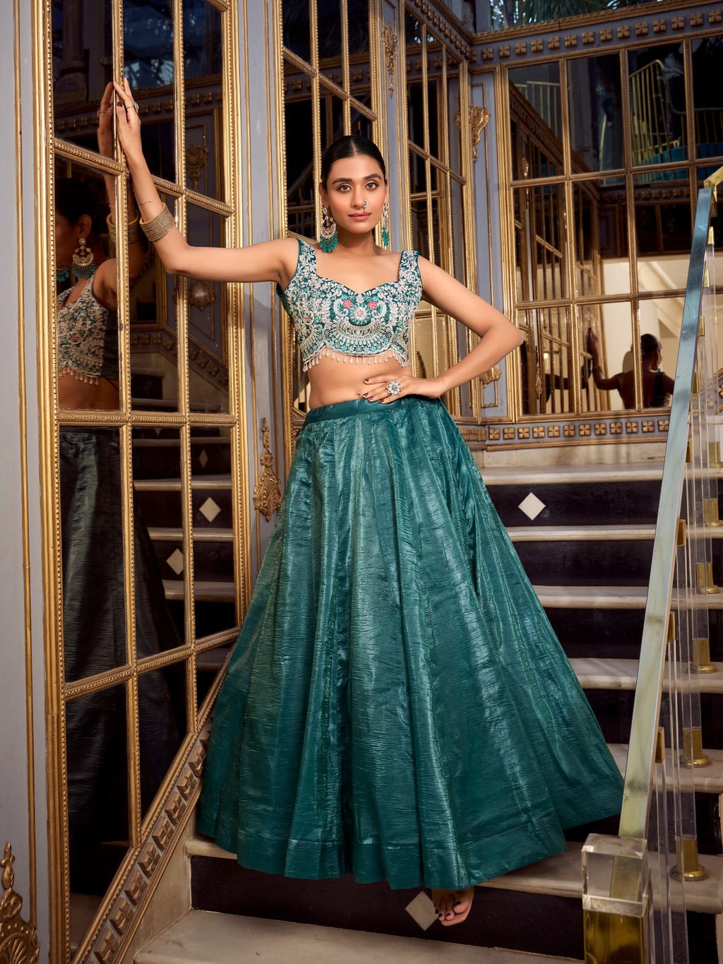 Multicolor italian silk digital printed croMulticap top lehenga - ANIBEY