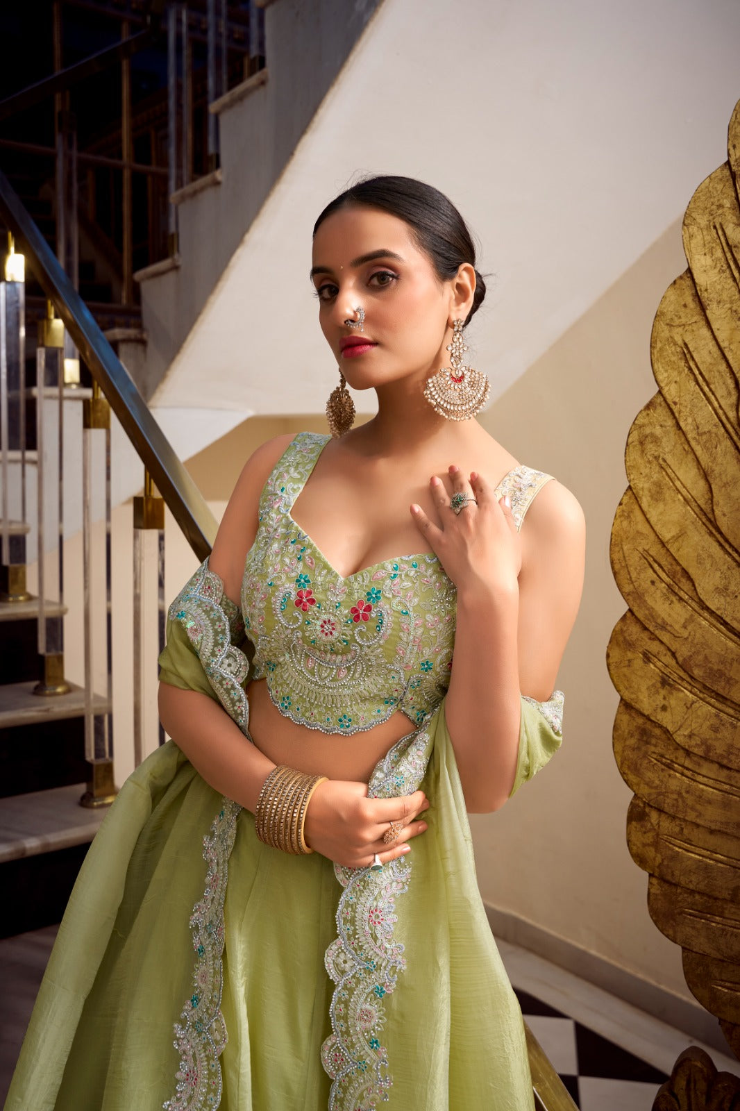 Pista Color Gold Crush Lehenga Choli - ANIBEY