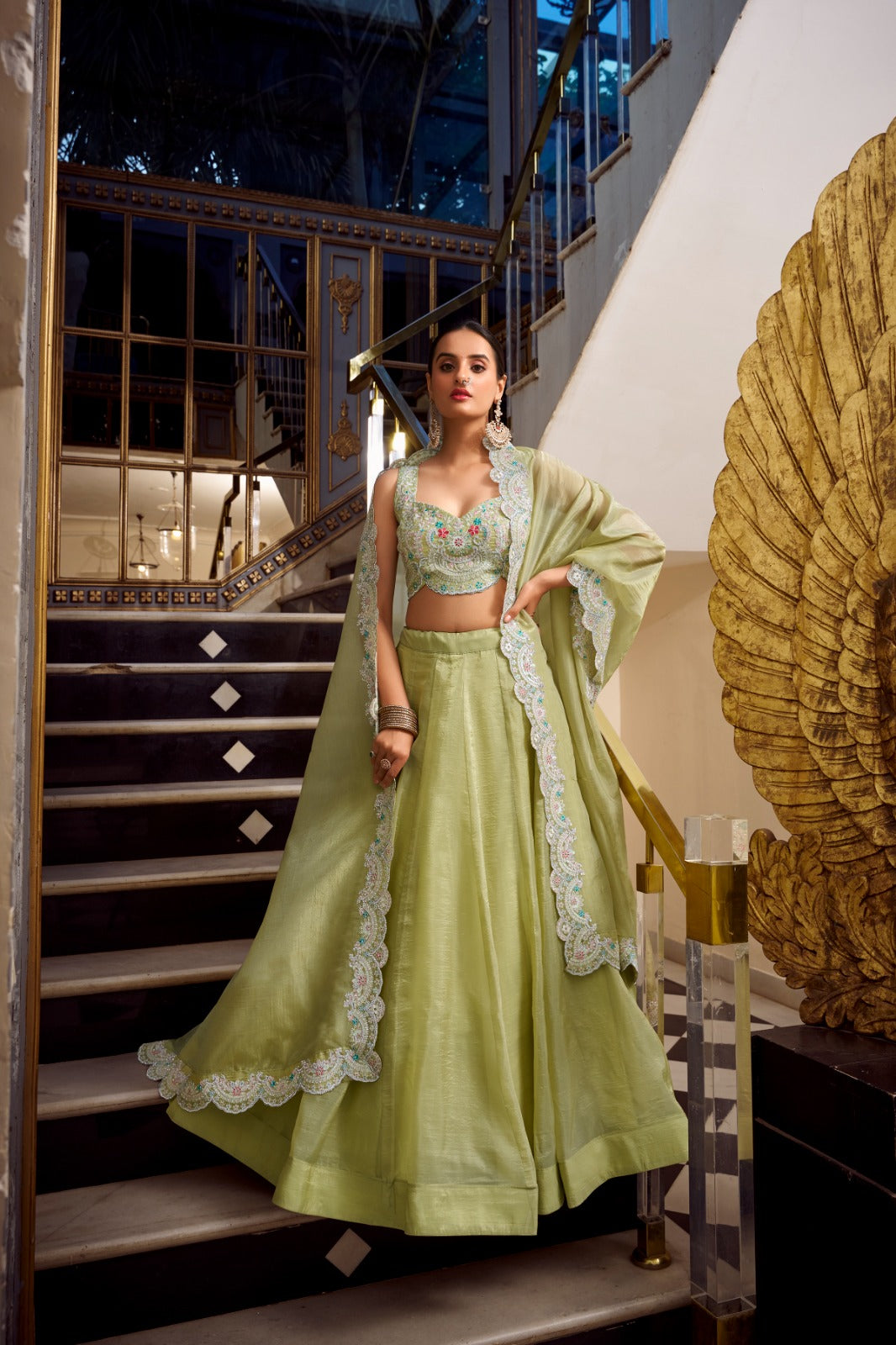Pista Color Gold Crush Lehenga Choli - ANIBEY