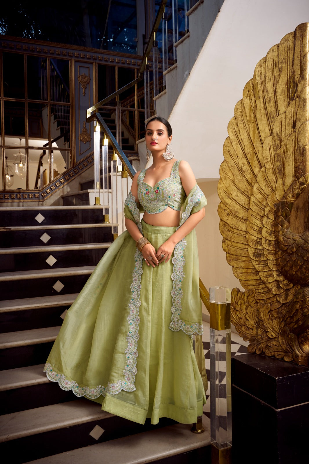 Pista Color Gold Crush Lehenga Choli - ANIBEY