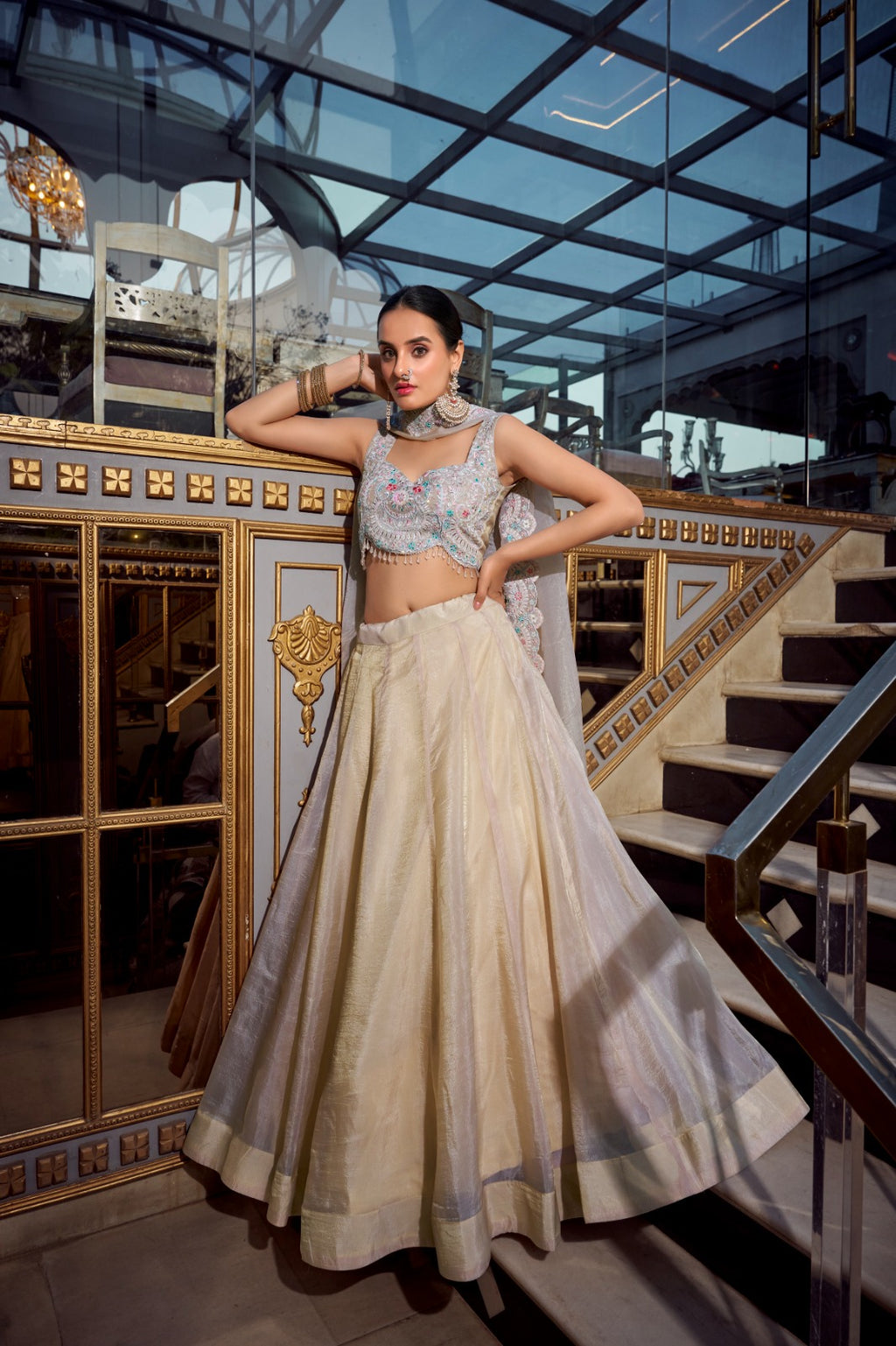 Pista Color Gold Crush Lehenga Choli - ANIBEY