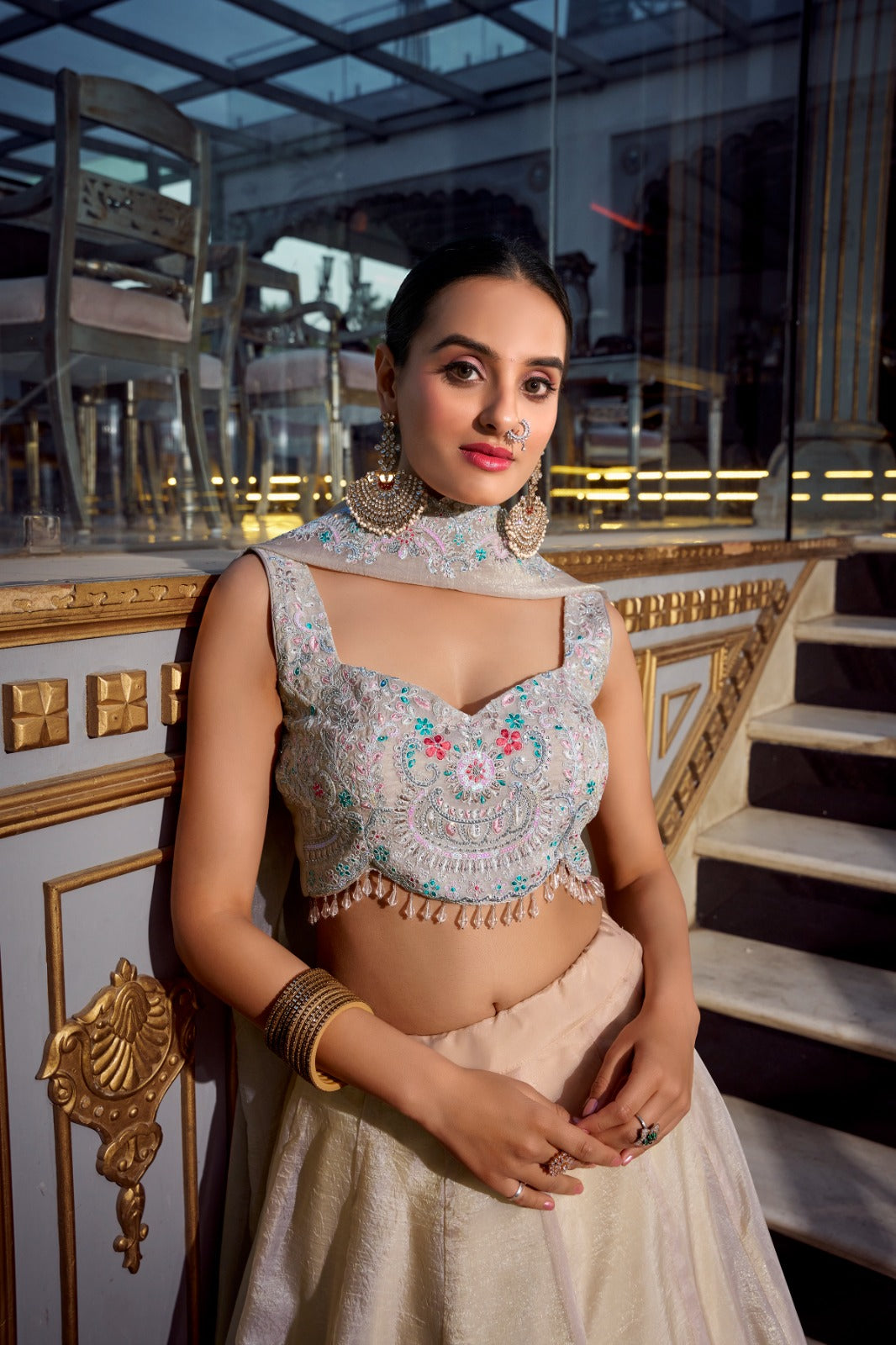 Pista Color Gold Crush Lehenga Choli - ANIBEY