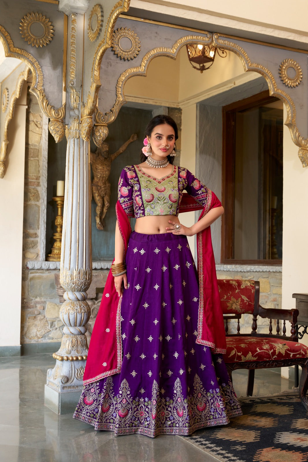 Purple traditional Elegance Sequence Thread Embroidery Work Lehenga - ANIBEY