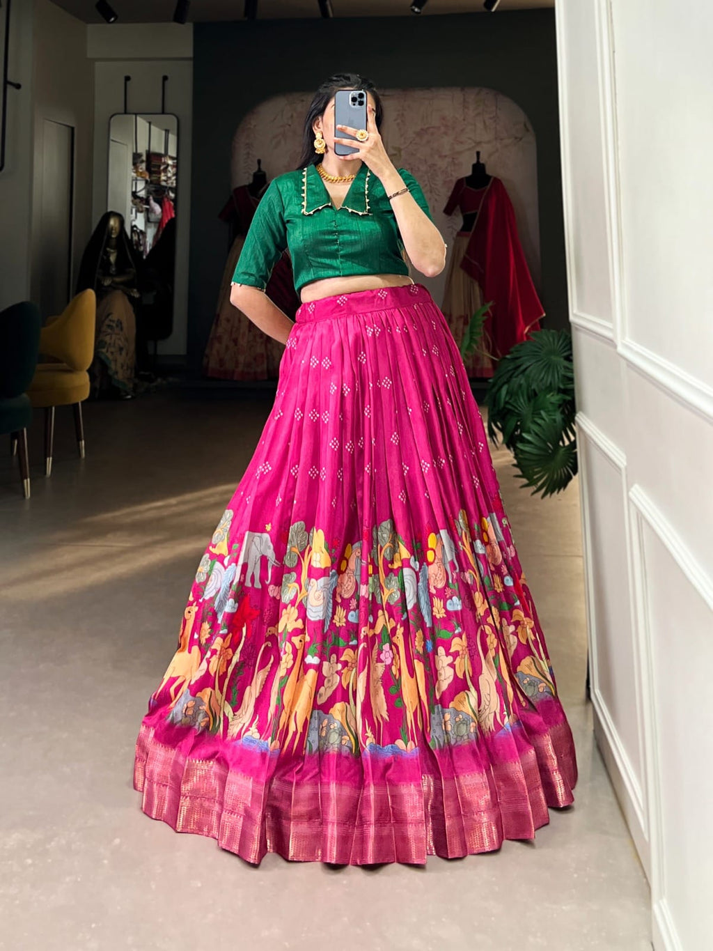 Pink Timeless Elegance Dola Silk Kalamkari Lehenga Set - ANIBEY