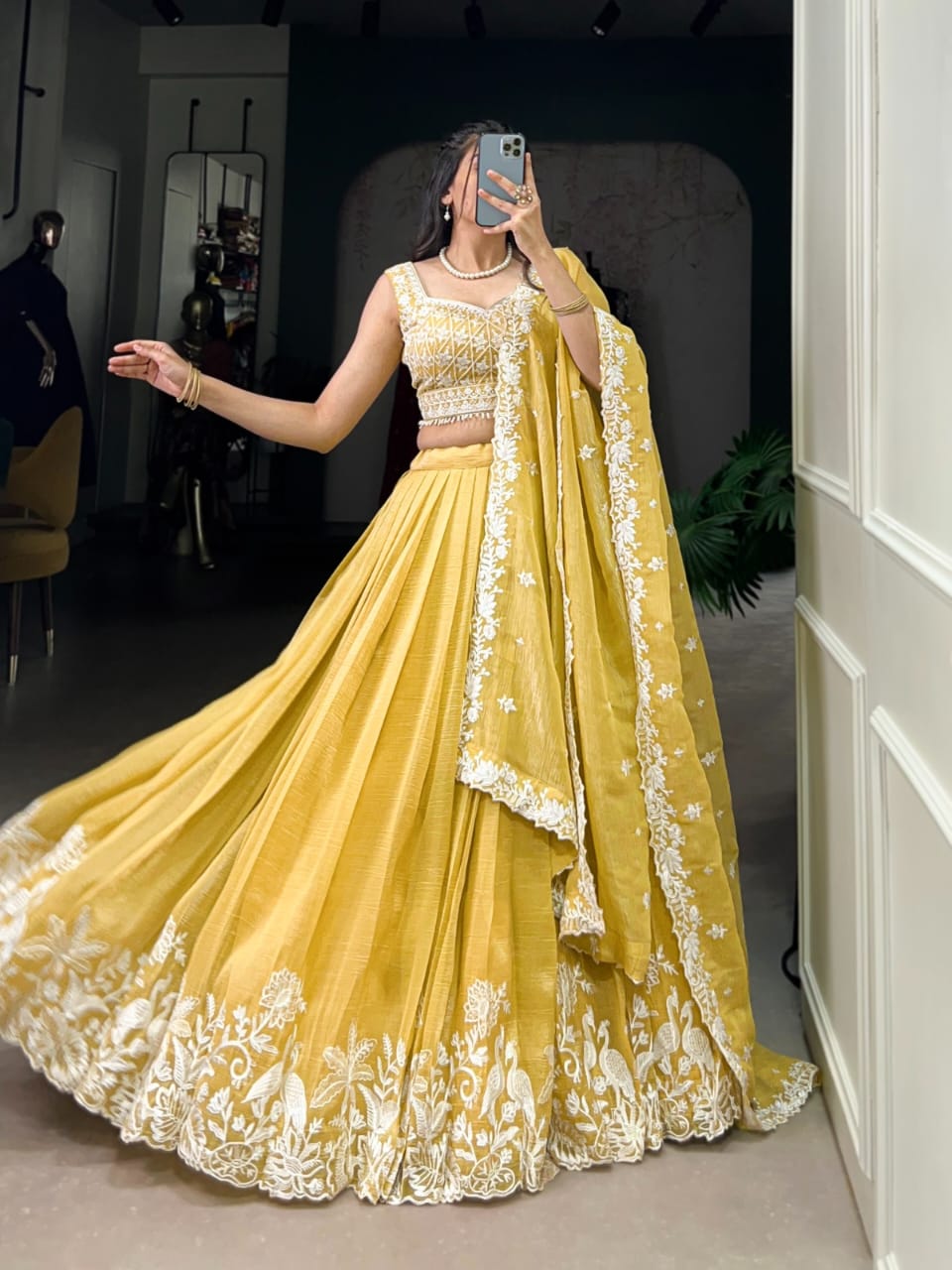 Buy Yellow Thread Embroidered Silk Lehenga Choli From Ethn - ANIBEY