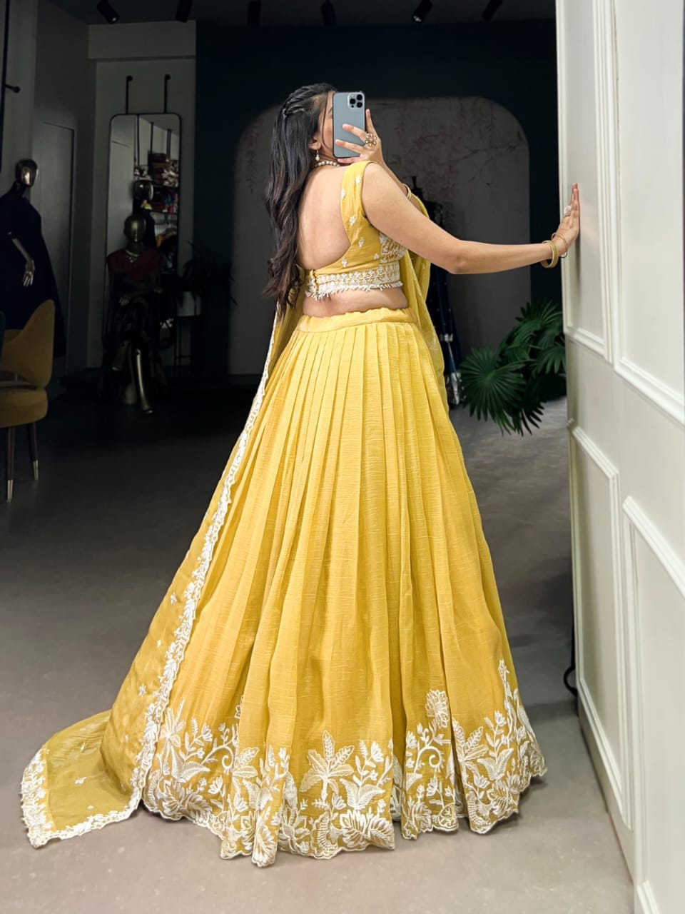 Buy Yellow Thread Embroidered Silk Lehenga Choli From Ethn - ANIBEY