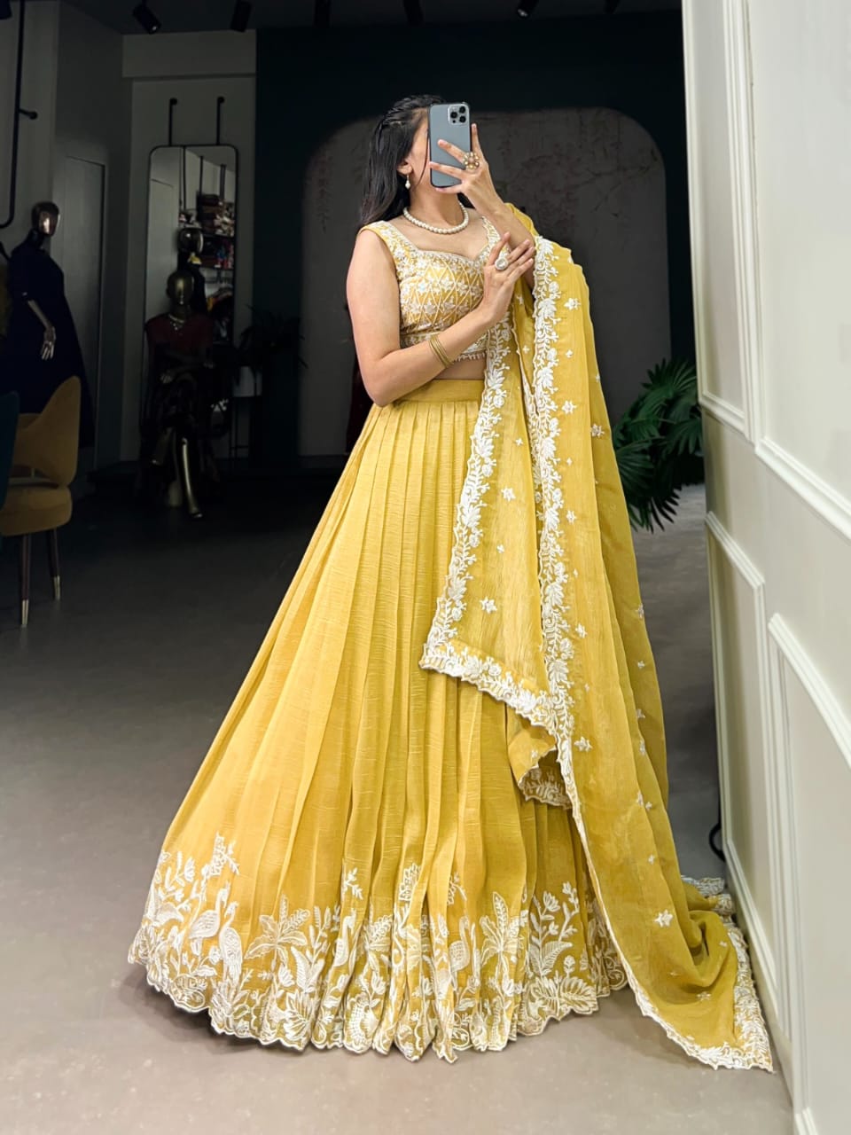 Buy Yellow Thread Embroidered Silk Lehenga Choli From Ethn - ANIBEY