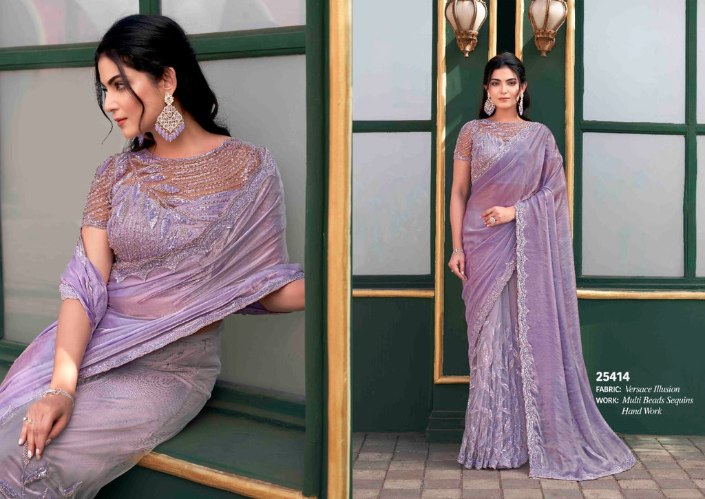 Butterfly Net Chiku Wedding Wear Beads Work Saree With Stitched Blouse