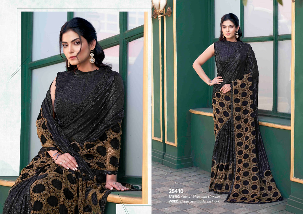 Butterfly Net Chiku Wedding Wear Beads Work Saree With Stitched Blouse