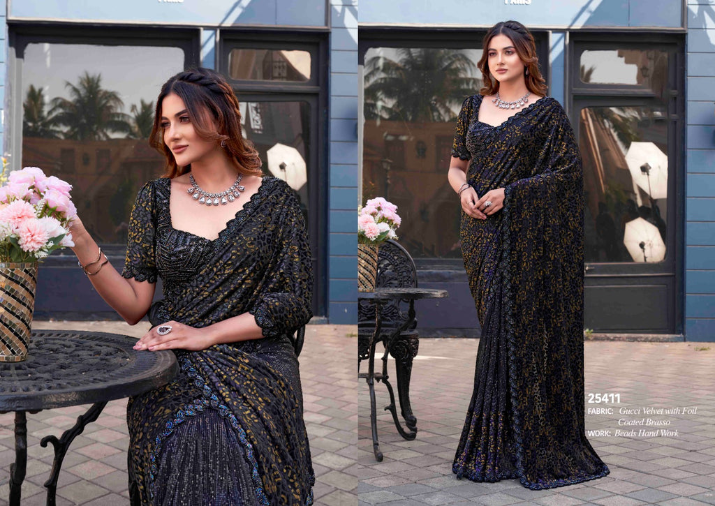 Butterfly Net Chiku Wedding Wear Beads Work Saree With Stitched Blouse
