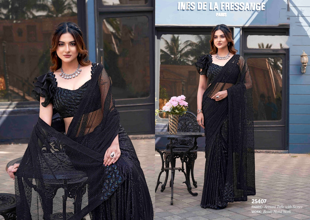 Butterfly Net Chiku Wedding Wear Beads Work Saree With Stitched Blouse
