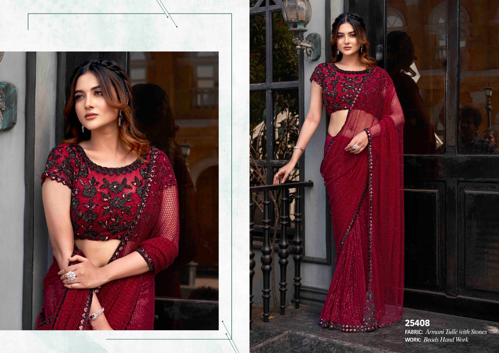 Butterfly Net Chiku Wedding Wear Beads Work Saree With Stitched Blouse