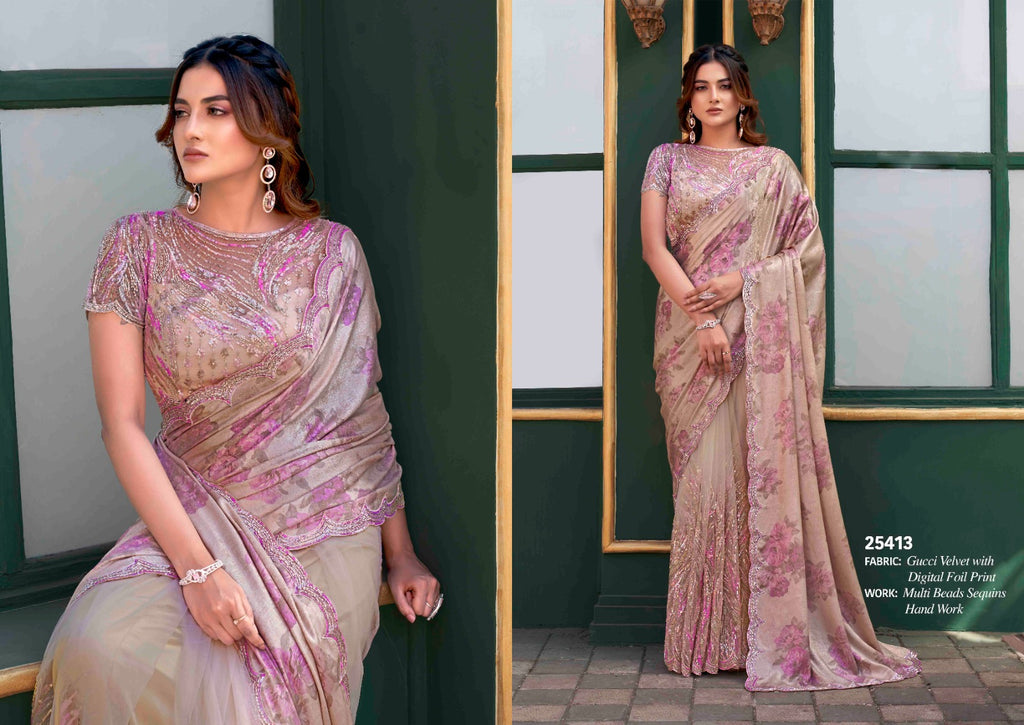 Butterfly Net Chiku Wedding Wear Beads Work Saree With Stitched Blouse