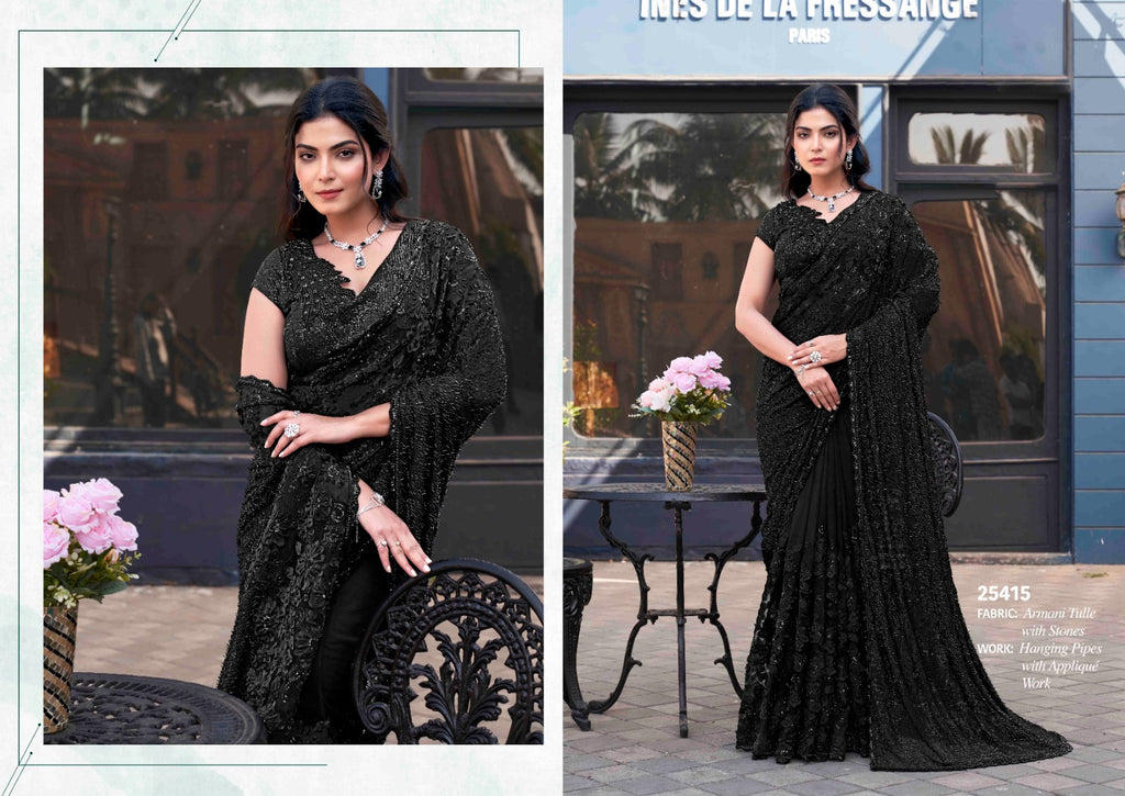 Butterfly Net Chiku Wedding Wear Beads Work Saree With Stitched Blouse