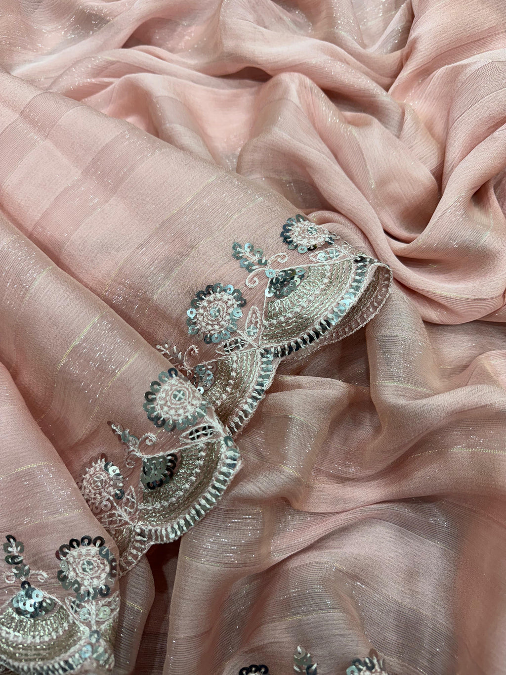 Women's Bollywood Style Saree Chiffon Silk Fabric On Lining Zari Weaving Embroidery Sequence Work - ANIBEY