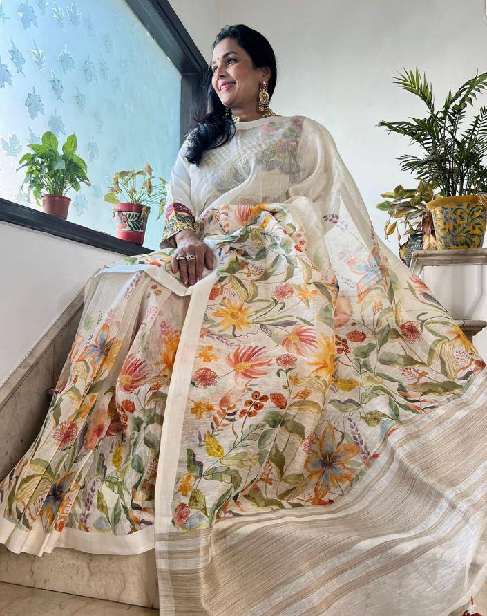 WONDERFUL LINEN COTTON DIGITAL PRINT SAREE WITH - ANIBEY