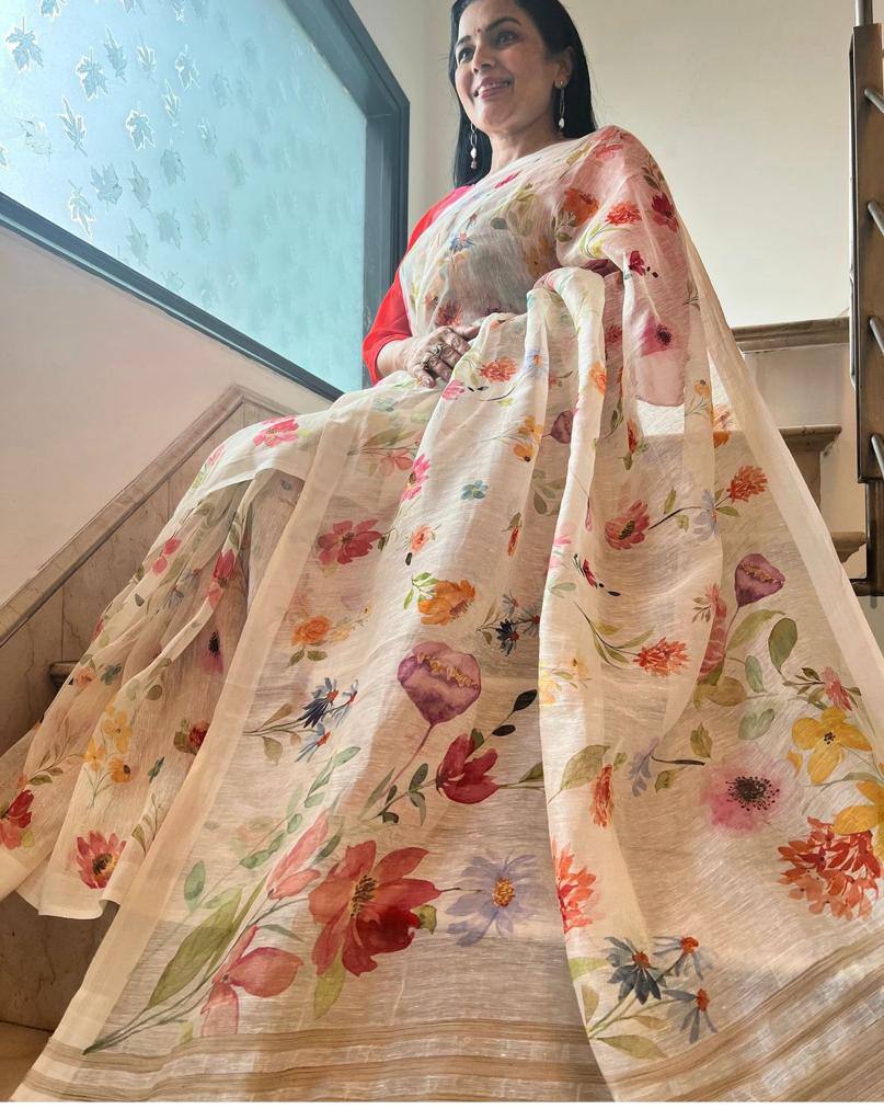 WONDERFUL LINEN COTTON DIGITAL PRINT SAREE WITH - ANIBEY