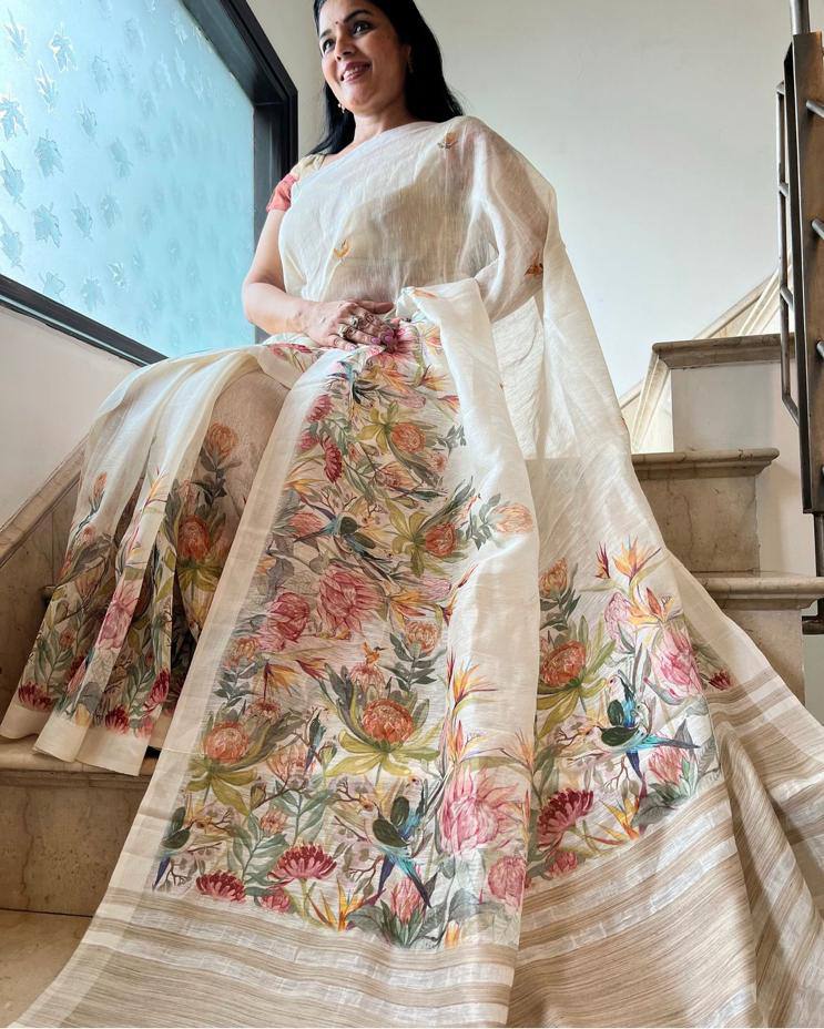 WONDERFUL LINEN COTTON DIGITAL PRINT SAREE WITH - ANIBEY