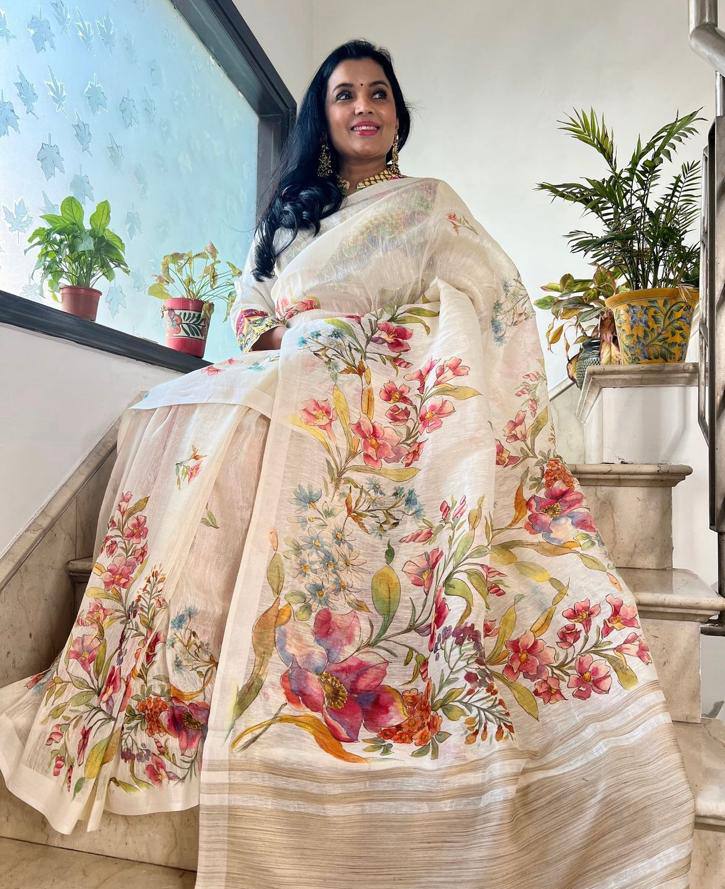 WONDERFUL LINEN COTTON DIGITAL PRINT SAREE WITH - ANIBEY