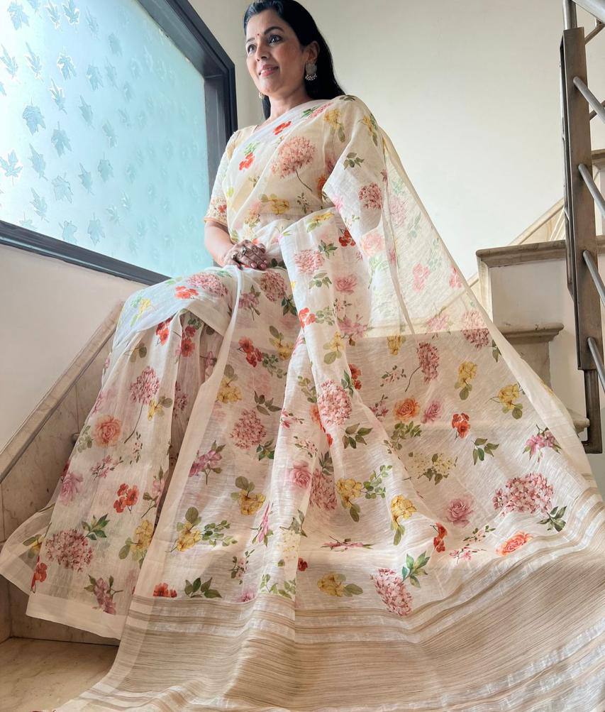 WONDERFUL LINEN COTTON DIGITAL PRINT SAREE WITH - ANIBEY