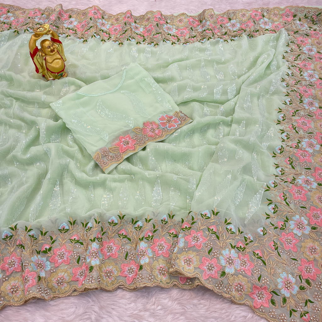 Georgette Pista Party Wear Sequins Work Saree - ANIBEY